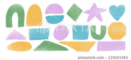 Kids crayon textured geometric elements set. Text boxes frames. Oval, arch and star kindergarten figures. Vector hand drawn quotation triangles stickers shapes. Grainy textured shapes illustration Kids crayon textured geometric elements set. Text boxes frames. Oval, arch and star kindergarten figures. Vector hand drawn quotation triangles stickers shapes. Grainy textured shapes illustration 129201463