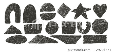 Ink linocut rolled geometric shapes with noise set. Text boxes grainy textured frames. Rhombus, heart with arch, octagon grainy scribbles. Vector hand drawn stickers black shapes 129201465