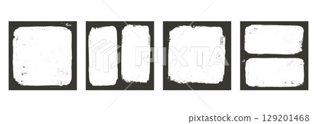Grunge square photo frames set templates. Ink paint border with rough edges for cover. Retro textured overlays. Rectangular old black flyers on transparent background. Vector illustration 129201468