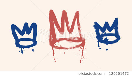 Red and blue crowns ink brush stroke drawn set. Spray graffiti paint elements isolated on beige background. Grunge textured winner symbols shapes. Urban street scribbles. Vector illustration Red and blue crowns ink brush stroke drawn set. Spray graffiti paint elements isolated on beige background. Grunge textured winner symbols shapes. Urban street scribbles. Vector illustration 129201472