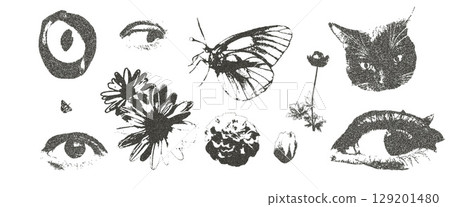 Cat, eyes and flowers dadaism photocopy retro effect set. Daisy, tulip and lily plant. Y2k grain elements. Stippling collage shapes on transparent background. Vector magazine noisy illustration Cat, eyes and flowers dadaism photocopy retro effect set. Daisy, tulip and lily plant. Y2k grain elements. Stippling collage shapes on transparent background. Vector magazine noisy illustration 129201480