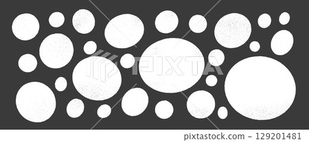 Gritty chalk or graffiti spray circles and ovals set. Polka dots aerosol paint shapes pack. Vector white hand drawn round and ellipse figures illustration isolated on black background Gritty chalk or graffiti spray circles and ovals set. Polka dots aerosol paint shapes pack. Vector white hand drawn round and ellipse figures illustration isolated on black background 129201481