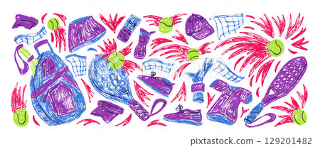 Padel tennis crayon textured set. Racket, ball, sport backpack hand drawn doodle isolated on white background. Scribble sport equipment kids elements. Vector fitness and hobby illustration by pencil Padel tennis crayon textured set. Racket, ball, sport backpack hand drawn doodle isolated on white background. Scribble sport equipment kids elements. Vector fitness and hobby illustration by pencil 129201482