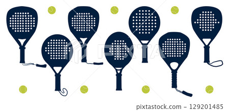 Padel tennis rackets and balls. Isolated graphic equipment for padel game and championship play or hobby recreation. Sport black icons. Vector illustration set on white background 129201485