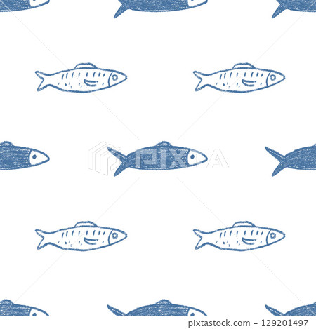 Crayon fish seamless pattern. Sardines hand drawn endless background. Nautical repeat cover. Sea continuous ornament. Surface pattern design water motif. Vector simple illustration 129201497