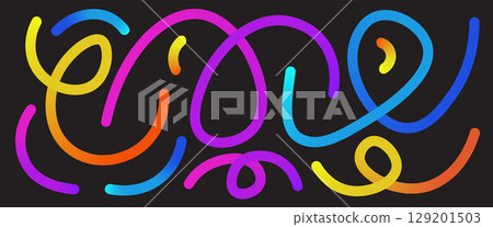 Multicolored wavy lines. A collection of soft gradation abstract shapes. Gradient squiggles. Rainbow curved elements on black background. Vector simple swirls. Children's gradient swirl patterns Multicolored wavy lines. A collection of soft gradation abstract shapes. Gradient squiggles. Rainbow curved elements on black background. Vector simple swirls. Children's gradient swirl patterns 129201503