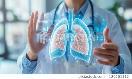 A doctor carefully examines a virtual lung x-ray projection with focused attention. The integration of advanced technology in medical diagnostics. Generative AI. 129201512