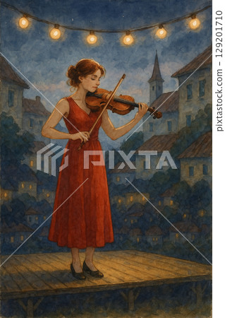 夜晚舞台上拉奏小提琴的紅衣女子插畫 夜晚舞台上拉奏小提琴的紅衣女子插畫 129201710