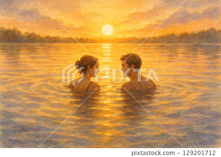 浪漫水彩情感風景畫，描繪夕陽下湖上的愛情故事 129201712