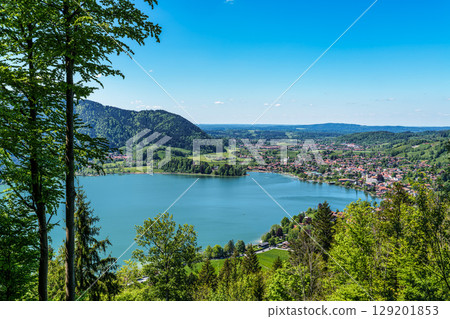 Hiking trail around Lake Schliersee in the bavarian alps at Schliersee, Upper Bavaria, Germany in Europe 129201853