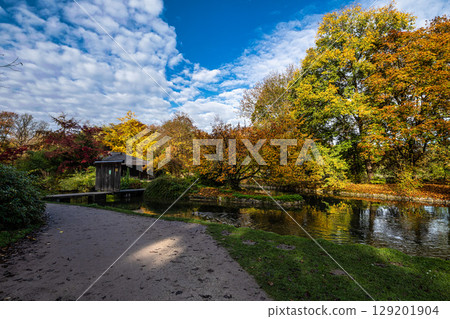 Golden autumn view in famous Munich relax place - Englischer Garten. Munich, Bavaria, Germany Golden autumn view in famous Munich relax place - Englischer Garten. Munich, Bavaria, Germany 129201904