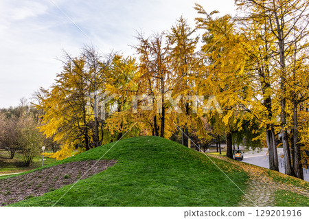 Golden autumn view in the Olympiapark in Munich, Germany, an Olympic Park for the 1972 Summer Olympics Golden autumn view in the Olympiapark in Munich, Germany, an Olympic Park for the 1972 Summer Olympics 129201916
