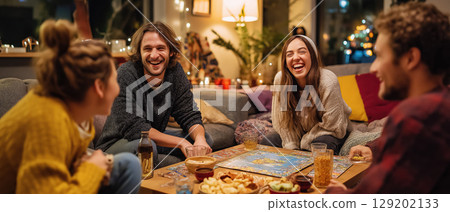 Group of friends living room board game snacks cozy evening laughter casual 129202133
