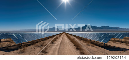 Solar panel desert renewable energy landscape sunlight blue sky mountain 129202134