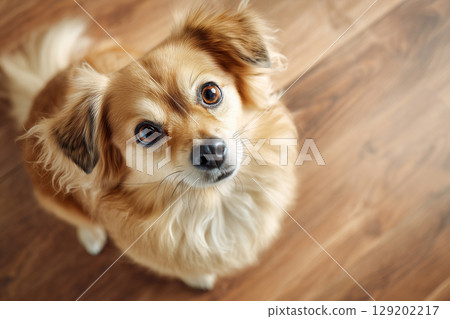 A small dog gazing at its owner (AI-generated image) 129202217