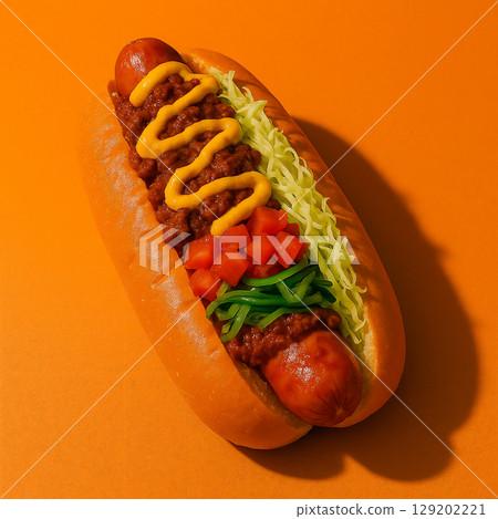 Chili cheese hot dog, contrast of colorful vegetables and rich sauce, vivid orange background 129202221