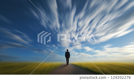 Person Walks Through a Vast Abstract Landscape Generative AI 129202276