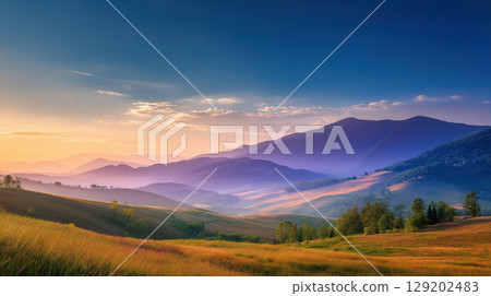 Serene Sunset Over Rolling Hills and Mountains Generative AI 129202483