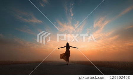 Sunrise Silhouette in a Serene Landscape AI Art 129202498