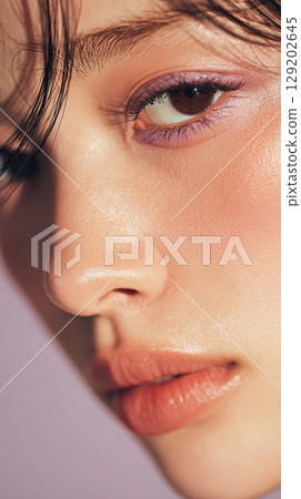 Beauty close-up of a young Asian woman showcasing soft makeup and thoughtful expression in a creative studio setting 129202645
