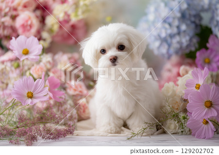 A small dog and seasonal flowers (AI-generated image) 129202702