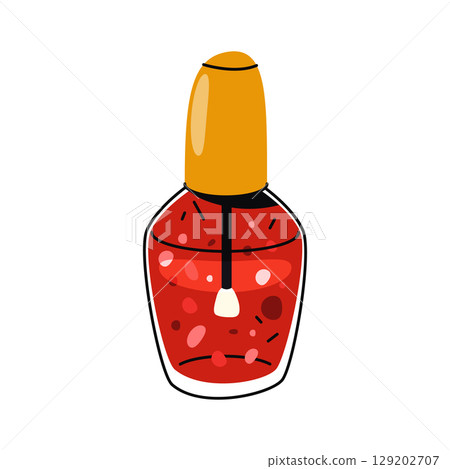 Nail polish gel in bottle with applicator. Vector woman beauty product or female cosmetic container. Manicure accessory or fingernail coloring brush, finger acrylic decoration. Feminine makeup. 129202707