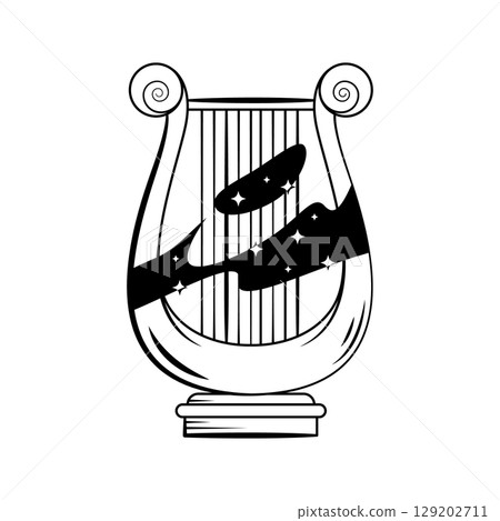 Greek harm with cosmos or lyre with stars. Vector musical instrument with night sky element or nebula. Ancient or antique acoustic string symbol. Celestial art sculpture. Melody and sound, music icon. 129202711