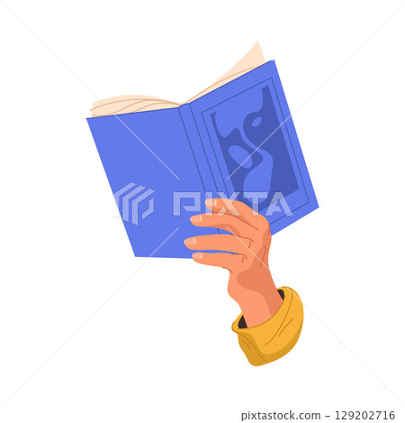 Vector cartoon book in palm. Hand holding education or learning literature, college or university journal, paperback lesson or non fiction. Reader symbol or reading sign. Knowledge and wisdom content. Vector cartoon book in palm. Hand holding education or learning literature, college or university journal, paperback lesson or non fiction. Reader symbol or reading sign. Knowledge and wisdom content. 129202716