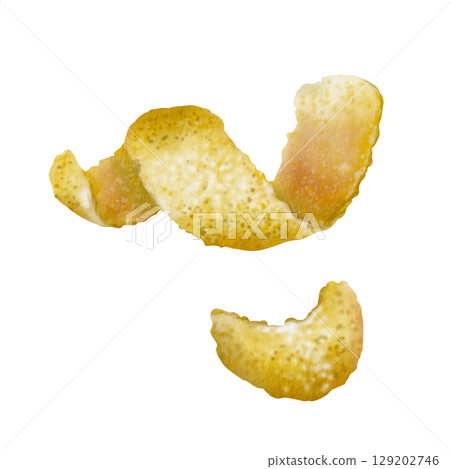 Lemon peel,zest spirals and curls-fragrant garnish for dishes and refreshing cocktails fresh,aromatic spice and cuisine,for recipes,bars,food.Hand-painted watercolor illustration isolated on white 129202746