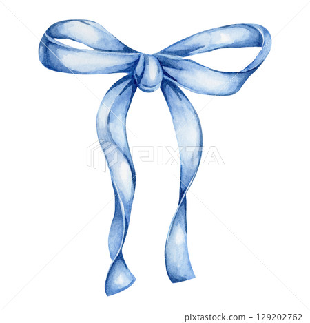 Blue satin bow with long tails painted as a watercolor clipart. Ideal for baby shower invitations, birthday cards, festive packaging, kids party decor, and seasonal stationery design elements Blue satin bow with long tails painted as a watercolor clipart. Ideal for baby shower invitations, birthday cards, festive packaging, kids party decor, and seasonal stationery design elements 129202762