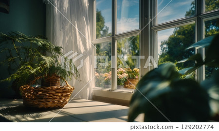 Bright sunlight illuminates a window and indoor plants, creating a peaceful home scene. Bright sunlight illuminates a window and indoor plants, creating a peaceful home scene. 129202774