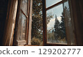 Rustic open window frame overlooking a serene natural forest landscape. 129202777