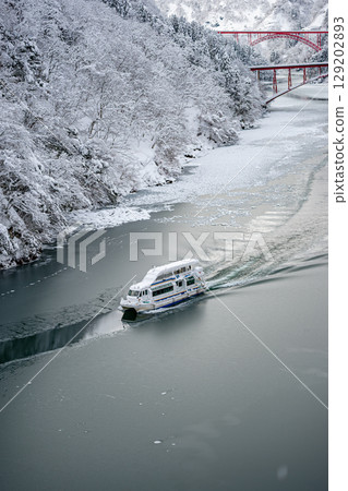 白雪皚皚的莊川峽谷和遊覽船 白雪皚皚的莊川峽谷和遊覽船 129202893