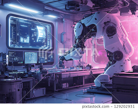 White robotic arms at high-tech lab. AI Generated. White robotic arms at high-tech lab. AI Generated. 129202931