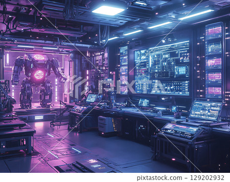 Digital illustration of futuristic high-tech lab with a cyborg robot. AI Generated. Digital illustration of futuristic high-tech lab with a cyborg robot. AI Generated. 129202932