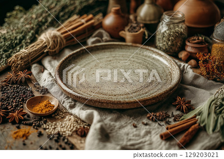 Round dish with seasonal herbs and spices in anglaise 129203021