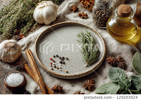 Top view of a round plate with seasonal herbs and spices 129203024