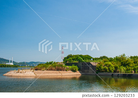 Summer scenery of the Yodo River, Amano River estuary, Hirakata City, Osaka Prefecture Summer scenery of the Yodo River, Amano River estuary, Hirakata City, Osaka Prefecture 129203233