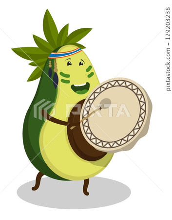 Cheerful shaman musician avocado fruit plays a musical melody on shamanic drum decorated with magical ornaments and amulets musical instrument. Cartoon vector isolated on white background Cheerful shaman musician avocado fruit plays a musical melody on shamanic drum decorated with magical ornaments and amulets musical instrument. Cartoon vector isolated on white background 129203238