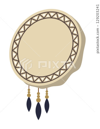Isometric shamanic drum decorated with magical ornaments and amulets musical instrument top aerial view. Realistic 3D vector concept isolated on white background Isometric shamanic drum decorated with magical ornaments and amulets musical instrument top aerial view. Realistic 3D vector concept isolated on white background 129203241