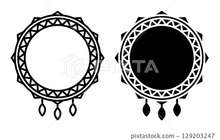 Linear icon. Shamanic drum decorated with magical ornaments and amulets. Simple black and white vector isolated on white background Linear icon. Shamanic drum decorated with magical ornaments and amulets. Simple black and white vector isolated on white background 129203247