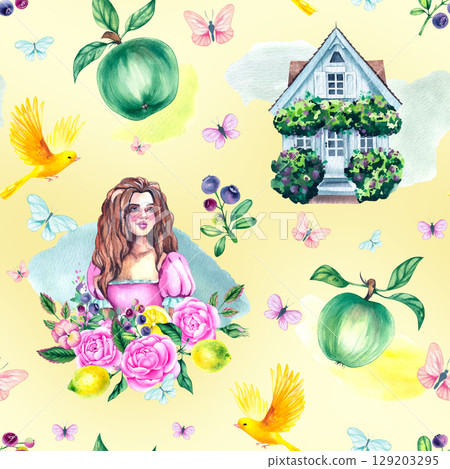 Hand drawn watercolor illustration Whispers of the Garden Hand drawn watercolor illustration Whispers of the Garden 129203295