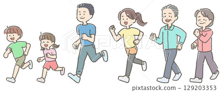 Illustration of a three-generation family jogging and walking Illustration of a three-generation family jogging and walking 129203353