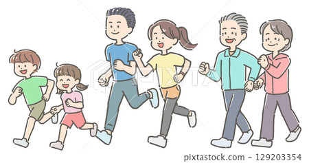 Illustration of a three-generation family jogging and walking 129203354