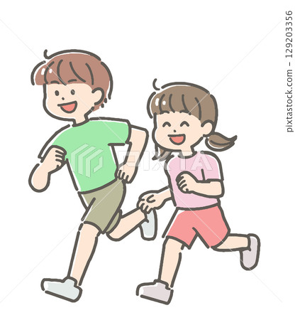 Illustration of a boy and girl jogging 129203356