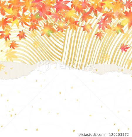 Golden ripples and autumn leaves - Japanese paper style background illustration 129203372