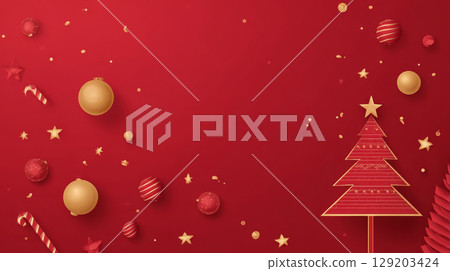 Red New Year background with holiday decorations, stars, toys and lollipops 129203424