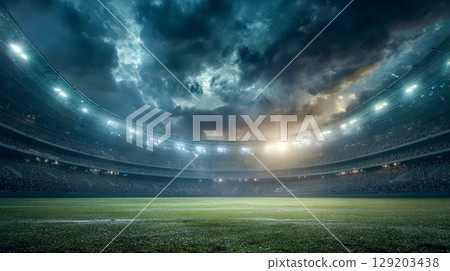 Football stadium with fans in the stands under bright lights at night 129203438