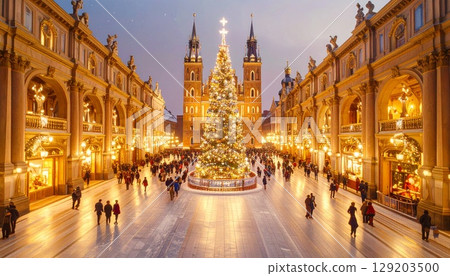 雪夜裡，城市聖誕市集燈火通明，人山人海 129203500