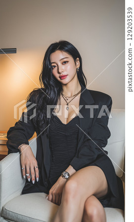 Elegant Korean woman in stylish outfit poses confidently in a modern interior setting during evening hours Elegant Korean woman in stylish outfit poses confidently in a modern interior setting during evening hours 129203539